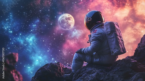 An astronaut sits on a rocky surface gazing at the moon and stars in a vast, colorful cosmos. photo