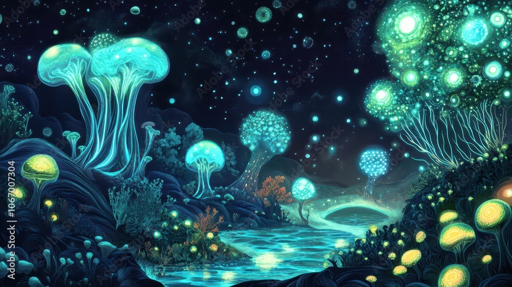 Bioluminescent Forest with Glowing Mushrooms and Trees by a River