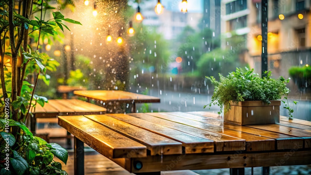Outdoor Table in the Rain: A Serene Urban Exploration Scene with Raindrops Cascading on a Rustic Wooden Table Surrounded by Urban Landscape and Nature Elements Outdoor Table in the Rain: A Serene Urban Exploration Scene with Raindrops Cascading on a Rustic Wooden Table Surrounded by Urban Landscape and Nature Elements