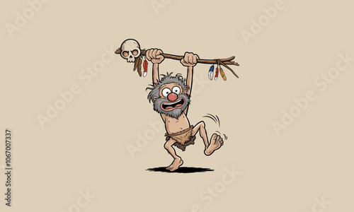 Cartoon caveman with skull-topped staff and feathers
