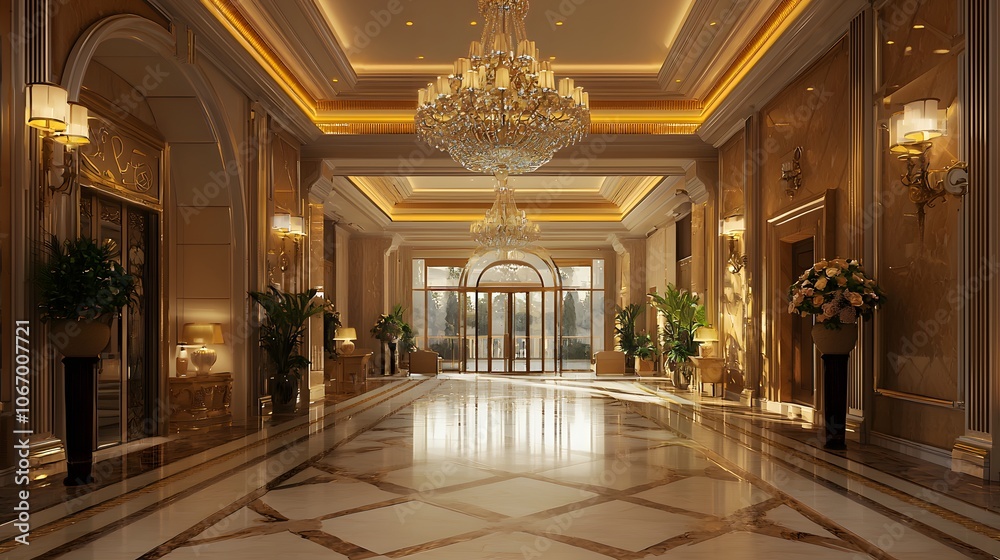 Fototapeta premium A Luxurious Hotel Entrance Adorned with a Stunning Chandelier and Elegant Surroundings