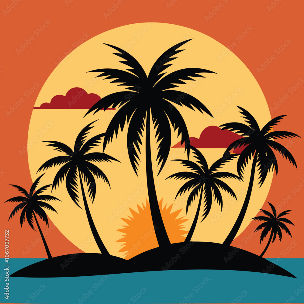 summer background vector with palm tree silhouettes and sunset summer background vector with palm tree silhouettes and sunset
