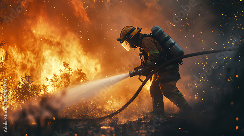  Firefighter in action, putting out a fire with hoses and equipment3 photo