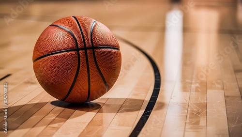 A close-up of an orange basketball resting on a hardwood court