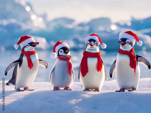 Joyful Penguin Family Celebrating Christmas on Ice in Colorful Hats and Scarves photo