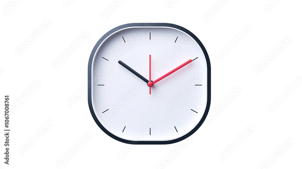 A contemporary clock icon with minimalistic hands and bright red highlights