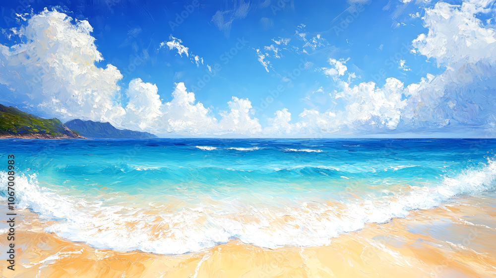 Tropical beach with blue sky and white clouds. Oil color painting.