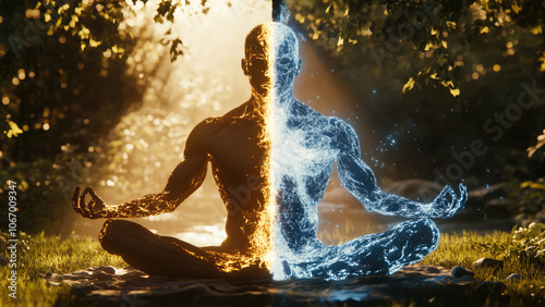 Half-Energy Meditation Man Divided by Light and Dark