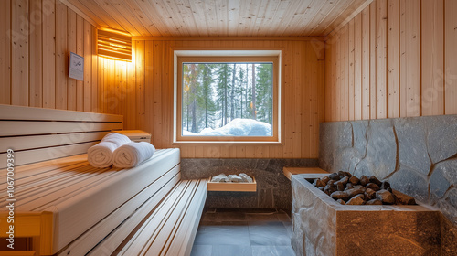 Traditional Finnish sauna with wooden benches and warm interior photo