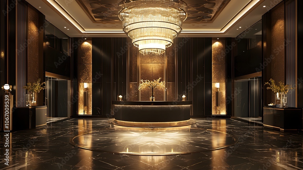 Fototapeta premium A Luxurious Hotel Entrance Featuring a Stunning Chandelier and Sophisticated Decor 