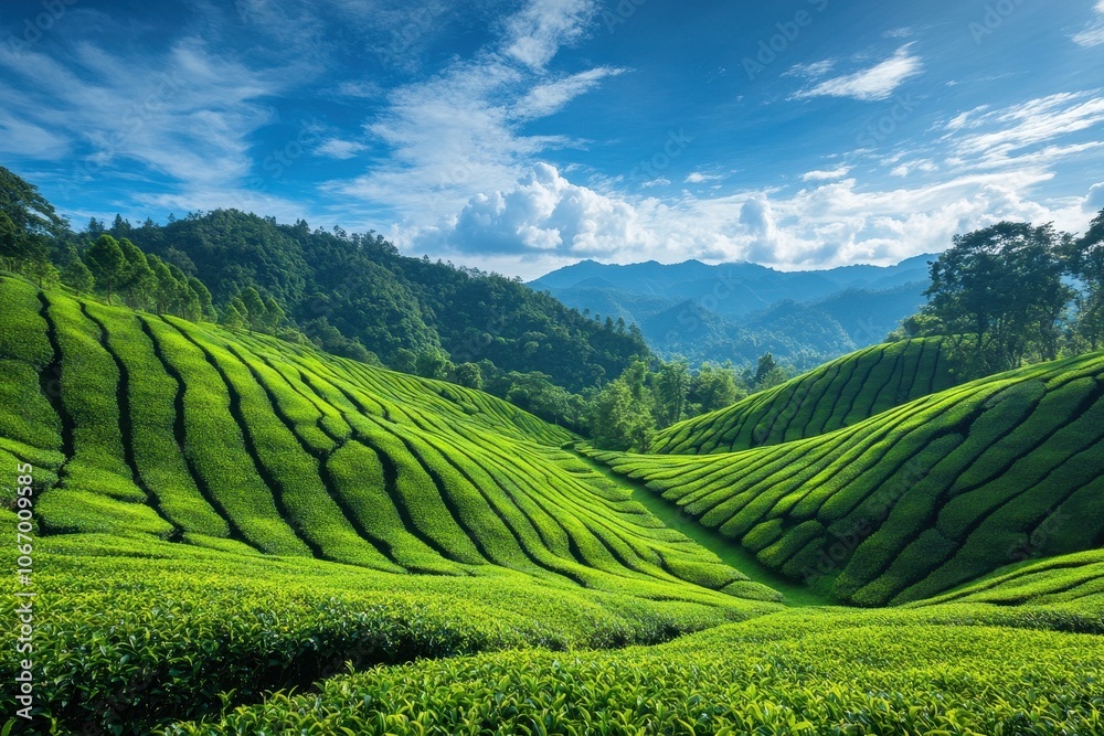 Serene green tea plantation under blue sky. Perfect for showcasing natural beauty, relaxation, and healthy lifestyle. Serene green tea plantation under blue sky. Perfect for showcasing natural beauty, relaxation, and healthy lifestyle.