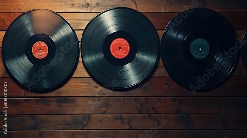 Four vinyl records on a wooden background. photo