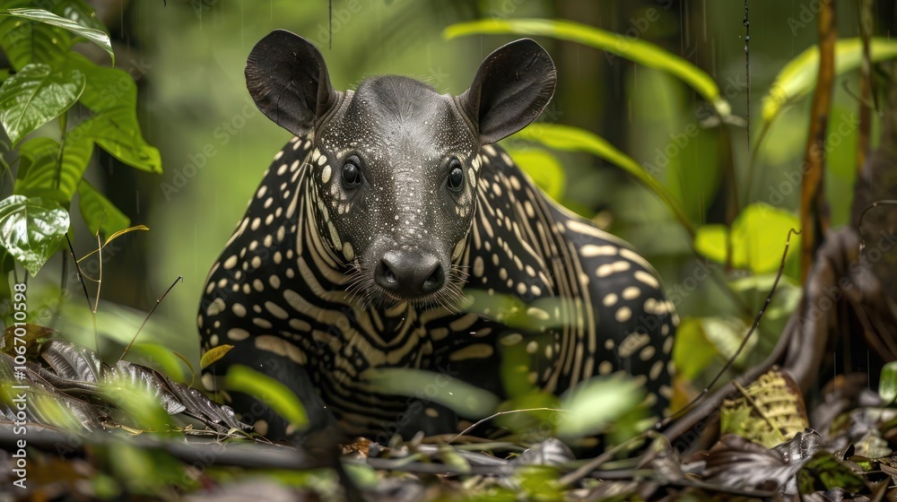 Obraz premium A zebra standing amidst a rainforest, surrounded by dense foliage.