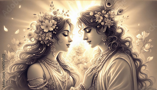 black and white image of Radha and Krishna