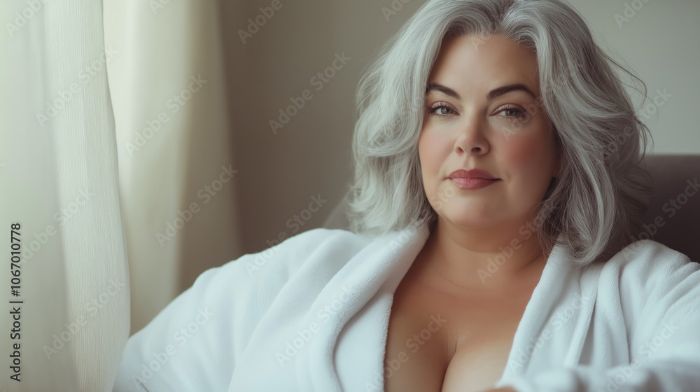 Confident Plus Size Woman with Natural Gray Hair Relaxing Indoors Confident Plus Size Woman with Natural Gray Hair Relaxing Indoors