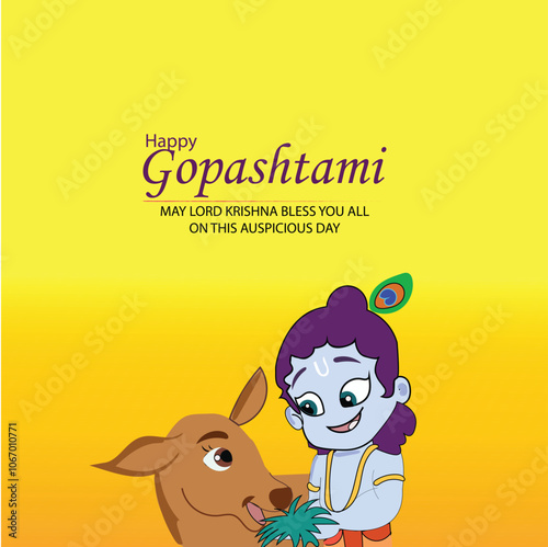 Happy Gop Ashtami festival greetings, cute Krishna feeding the cow illustration