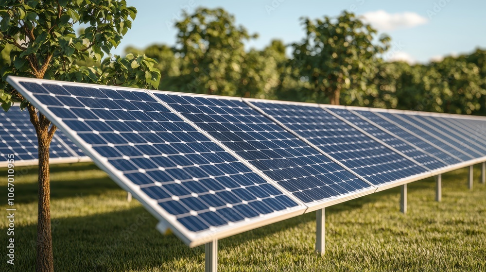 Solar Panels in Urban Park with Green Trees Solar Panels in Urban Park with Green Trees