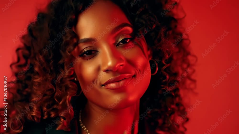 Confident smiling woman in red hue with curly hair: expressive facial movements in slow motion Confident smiling woman in red hue with curly hair: expressive facial movements in slow motion