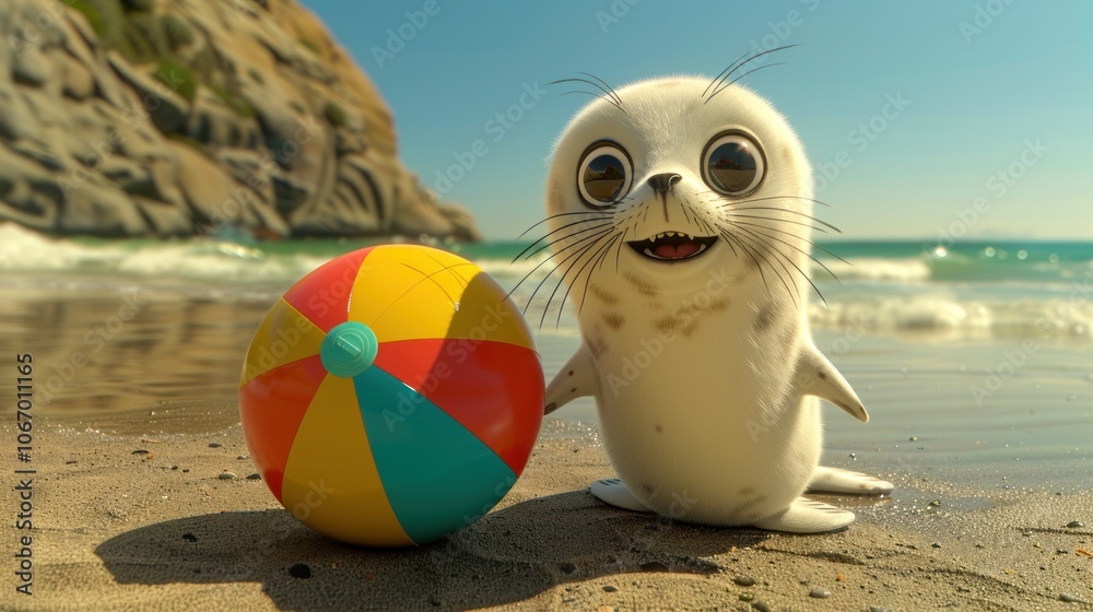 Obraz premium A cute cartoon seal pup on a beach with a beach ball.