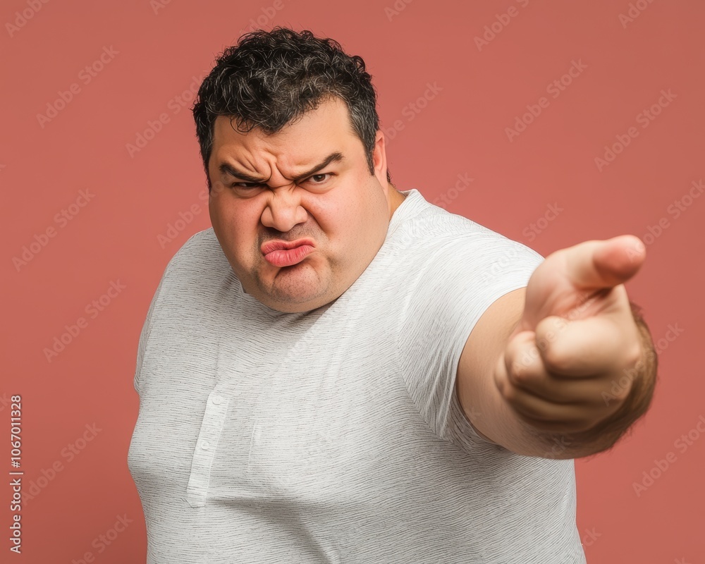 Angry Hispanic man expressing frustration while pointing a finger at the camera.