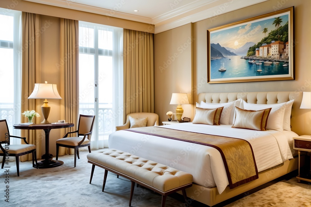 Fototapeta premium Five-star hotel bedroom with a double bed lamp and luxury decor.