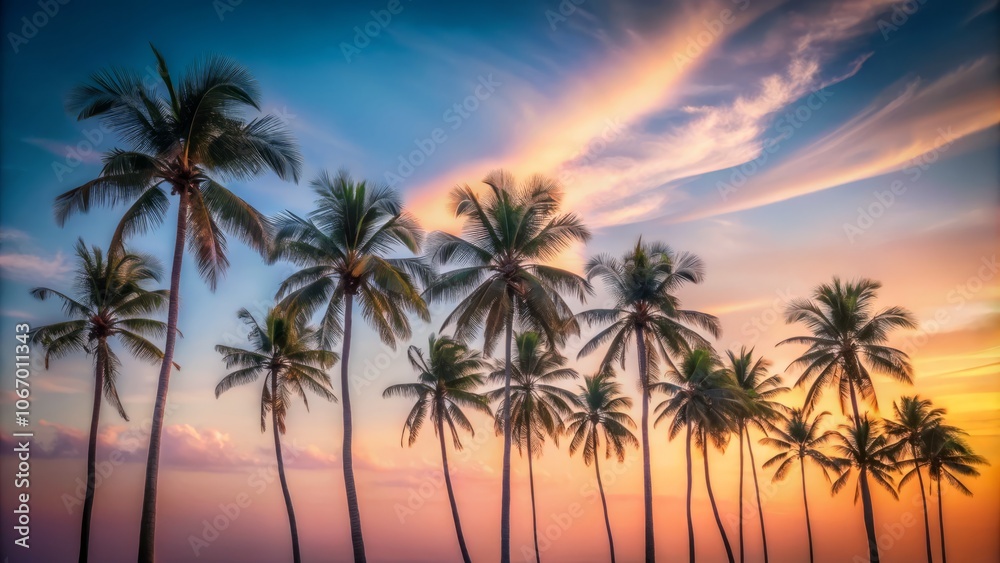 Serene Minimalist View of Coconut Trees Against a Soft Afternoon Sky Capturing Tranquility and Nature's Beauty in a Simple Yet Elegant Composition Serene Minimalist View of Coconut Trees Against a Soft Afternoon Sky Capturing Tranquility and Nature's Beauty in a Simple Yet Elegant Composition