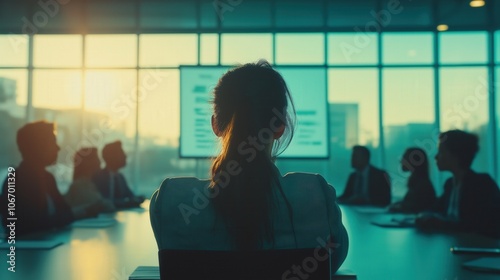 A powerful female executive leading a meeting in a bright conference room, presenting data on a screen to a team of diverse professionals