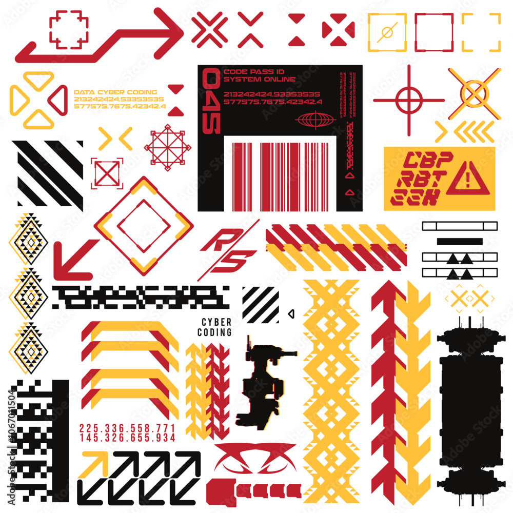 Obraz premium cyberpunk y2k 2000s gaming futuristic icon pattern set collection template hud for branding fashion t-shirt decoration decals, 2d illustration rendering vector