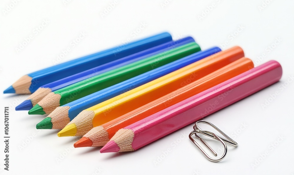 Fototapeta premium Colored pencils and paper clips