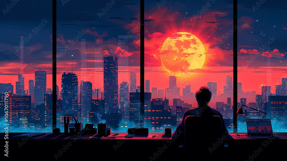 A busy office hums with activity as employees settle in for the day. One worker leans back in their chair, taking a deep sip of coffee, the steam swirling in the cool air as the city skyline glows out A busy office hums with activity as employees settle in for the day. One worker leans back in their chair, taking a deep sip of coffee, the steam swirling in the cool air as the city skyline glows out