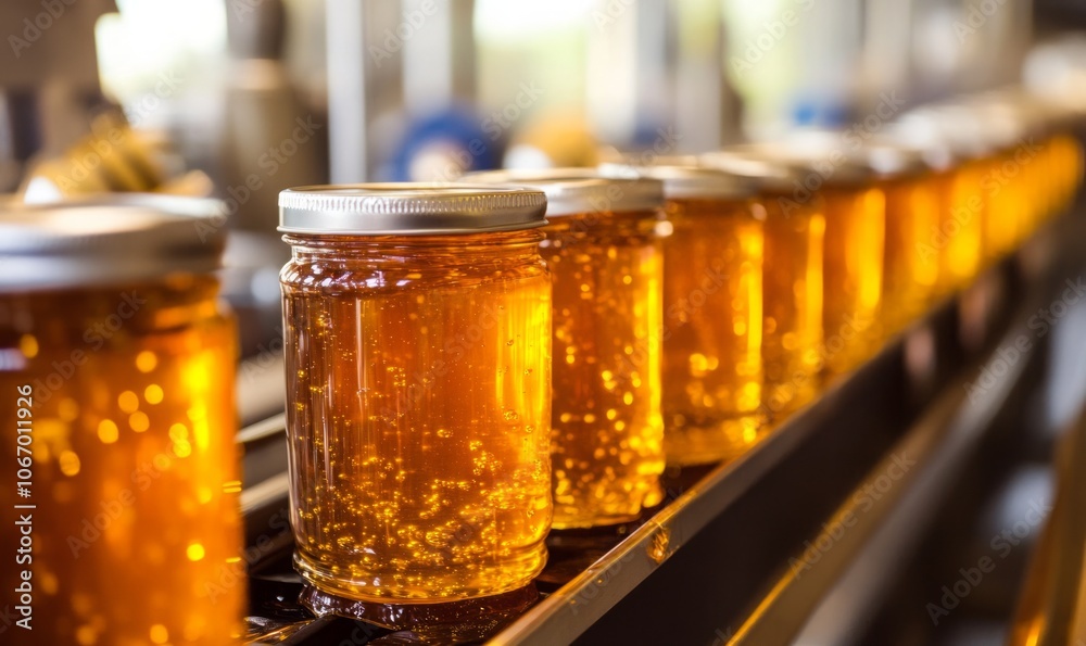 Creamed honey jars on a production line at a honey factory