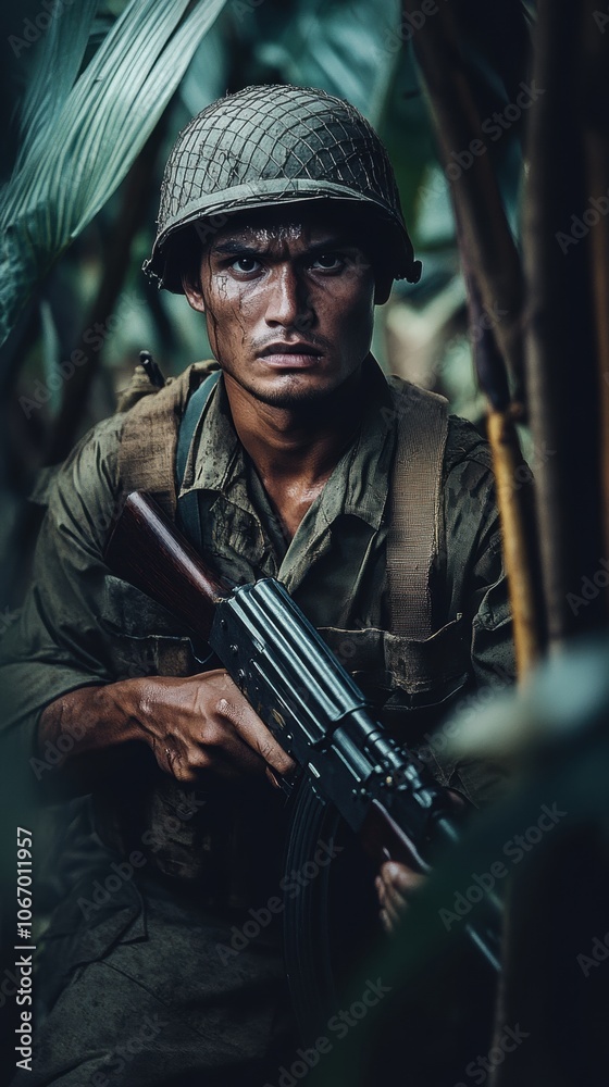 Fototapeta premium Intense male soldier in camouflage gear, ready for action amidst dense foliage.