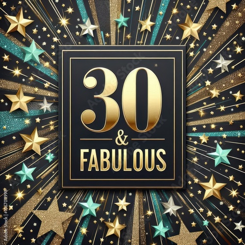 Colorful celebration design featuring '30 & Fabulous' with stars and sparkles.