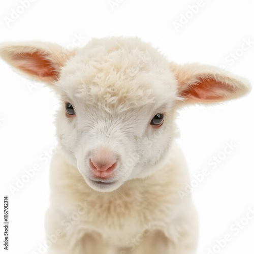 Cute baby lamb isolated on white background. Closeup portrait.