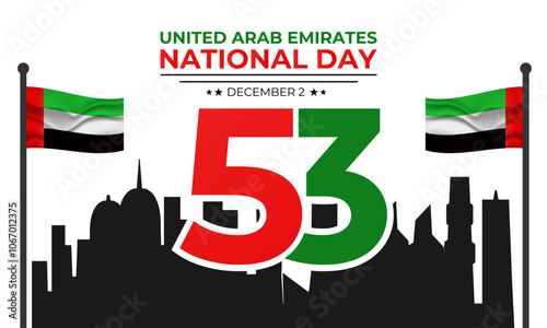 National Day of United Arab Emirates of 53 with  ribbon flag. Waving ribbon in the sky in front of tall buildings Abu Dhabi city. Spirit of the union vector Illustration. eps 10.