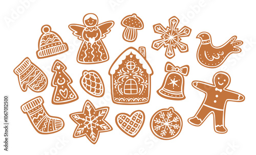 Christmas gingerbread cookies set. Holiday homemade xmas bakery in various shapes. Flat vector illustrations collection isolated on white background