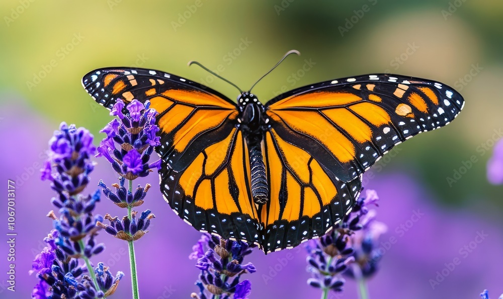 Closeup view of a colorful butterfly with vibrant orange and black markings perched on a cluster of lush purple lavender flowers in a picturesque garden setting Closeup view of a colorful butterfly with vibrant orange and black markings perched on a cluster of lush purple lavender flowers in a picturesque garden setting