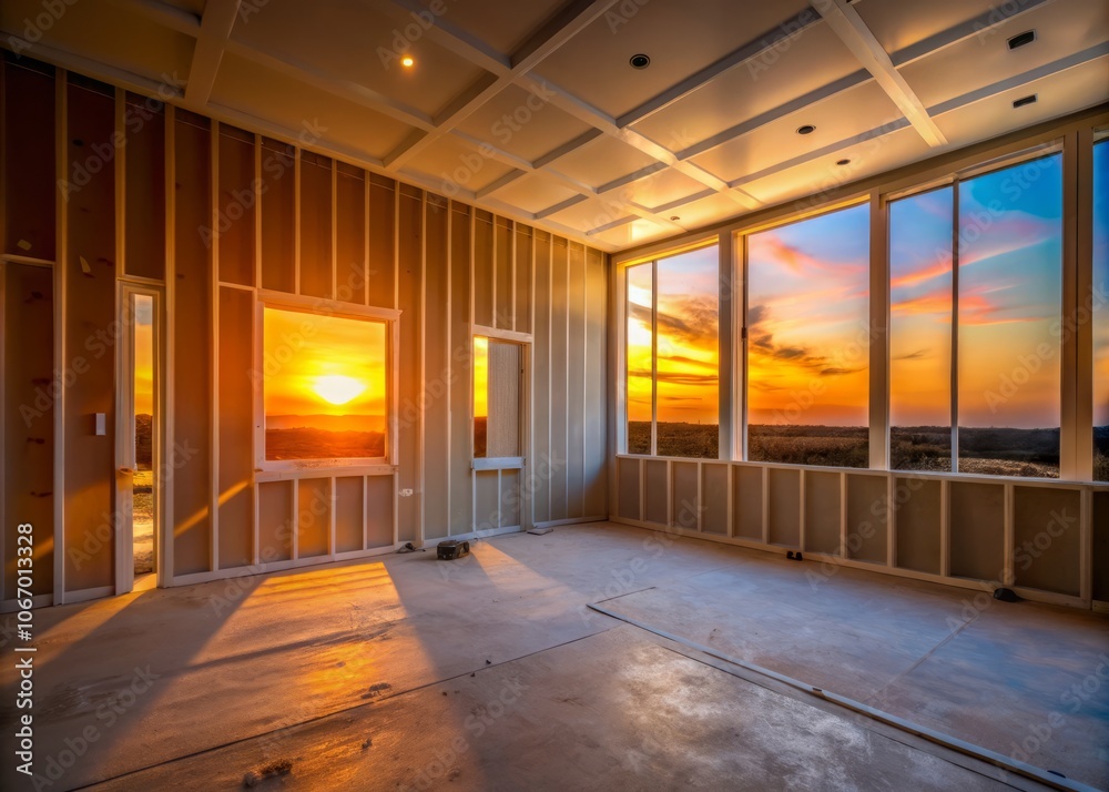 Silhouette of a Finished Sheetrock Wall in New Home Construction at Sunset, Highlighting the Shapes and Textures of Drywall in an Unfinished Room Setting