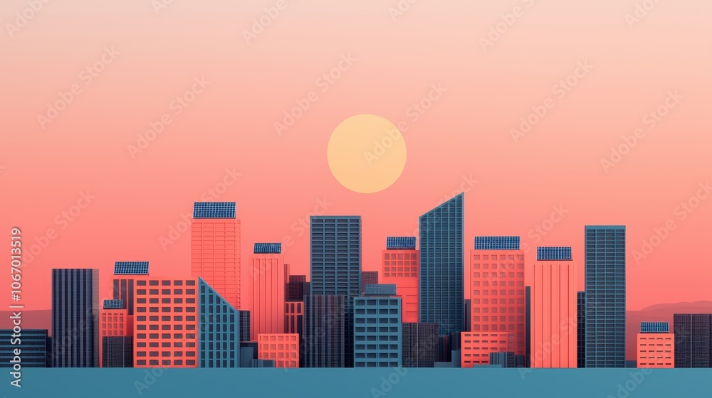 Fototapeta premium Cityscape at Dawn with Solar Power Elements