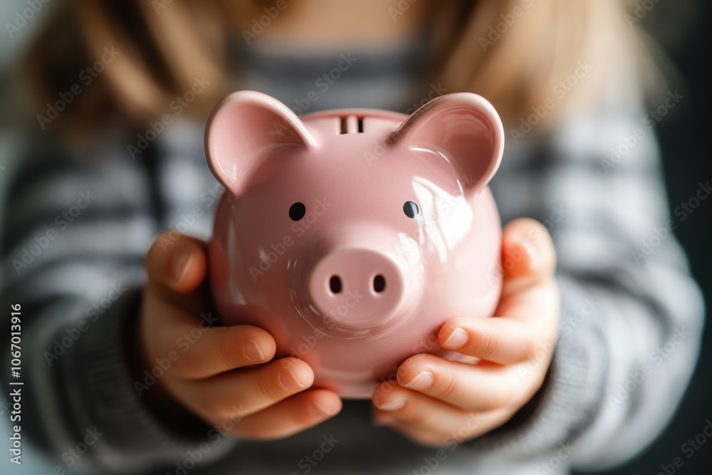 Child holding a pink piggy bank. A child saving their money for the future. Child holding a pink piggy bank. A child saving their money for the future.