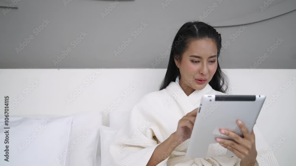 Asian woman in bathrobe using digital tablet on bed, watching movie, browsing on the internet Asian woman in bathrobe using digital tablet on bed, watching movie, browsing on the internet