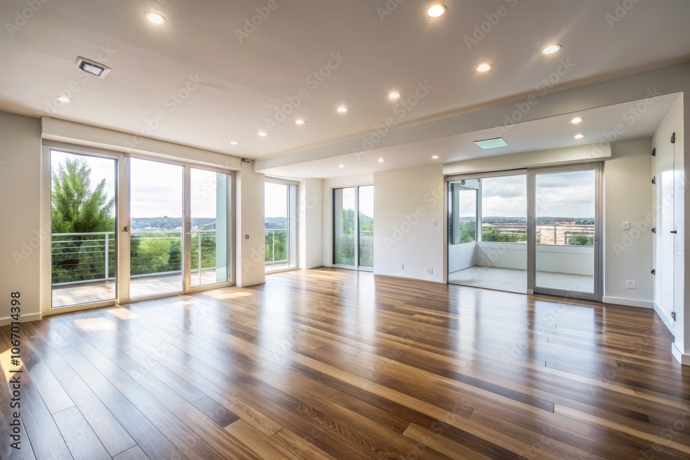 Spacious and Inviting Empty Living Room with White Walls, Laminated Flooring, and Doors Opening to a Balcony – Perfect for Modern Interior Design Concepts Spacious and Inviting Empty Living Room with White Walls, Laminated Flooring, and Doors Opening to a Balcony – Perfect for Modern Interior Design Concepts