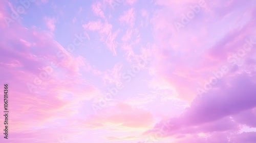 Tranquil dawn sky painted in soft pastels, clouds glowing pink and lavender hues. AI generated