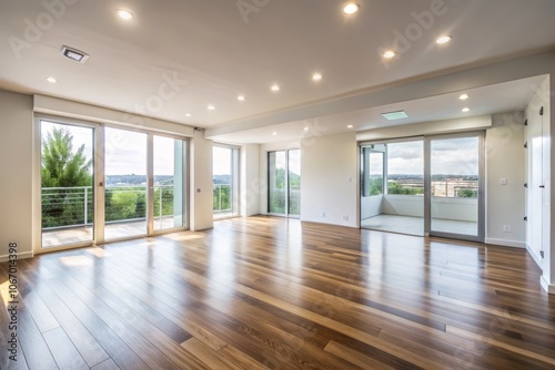 Spacious and Inviting Empty Living Room with White Walls, Laminated Flooring, and Doors Opening to a Balcony – Perfect for Modern Interior Design Concepts