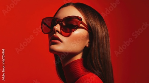 A young woman with long brown hair wearing stylish sunglasses and a red turtleneck against a vibrant red background.