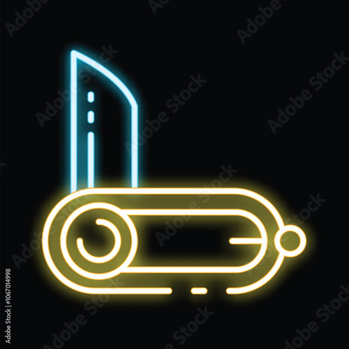 Glowing neon line pocket knife icon isolated on black background. 4k video motion graphic animation
