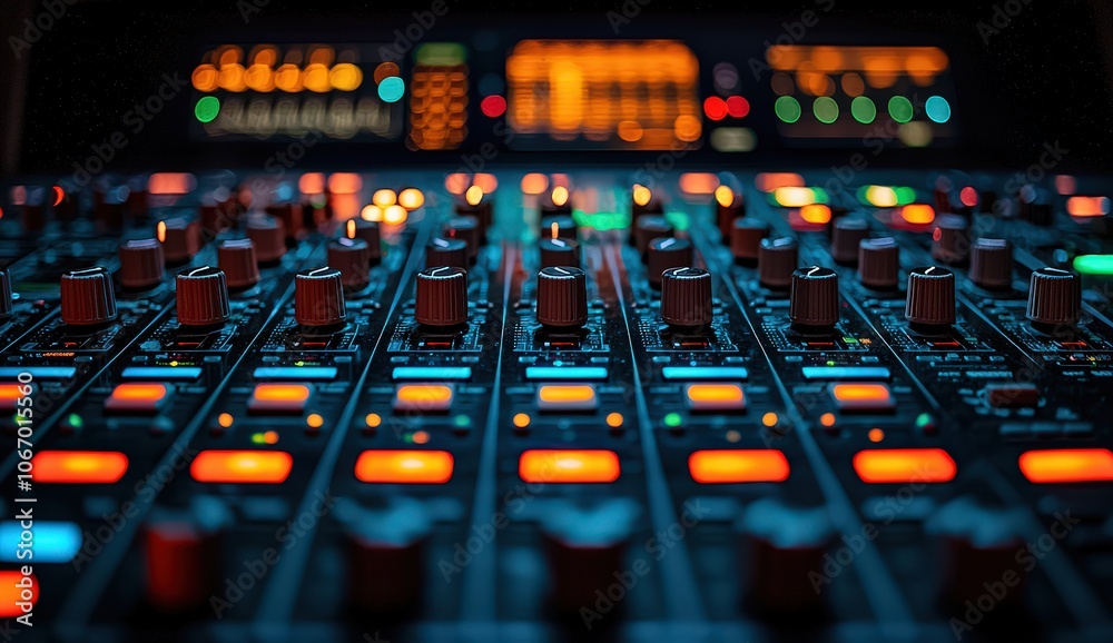 Modern music production studio with digital audio workstations and monitor speakers, musical software on the screen of a computer, music creation concept