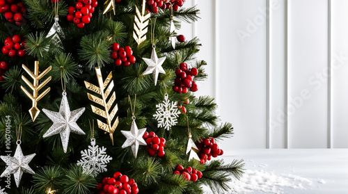 a Christmas tree with a silver star and a silver ball.