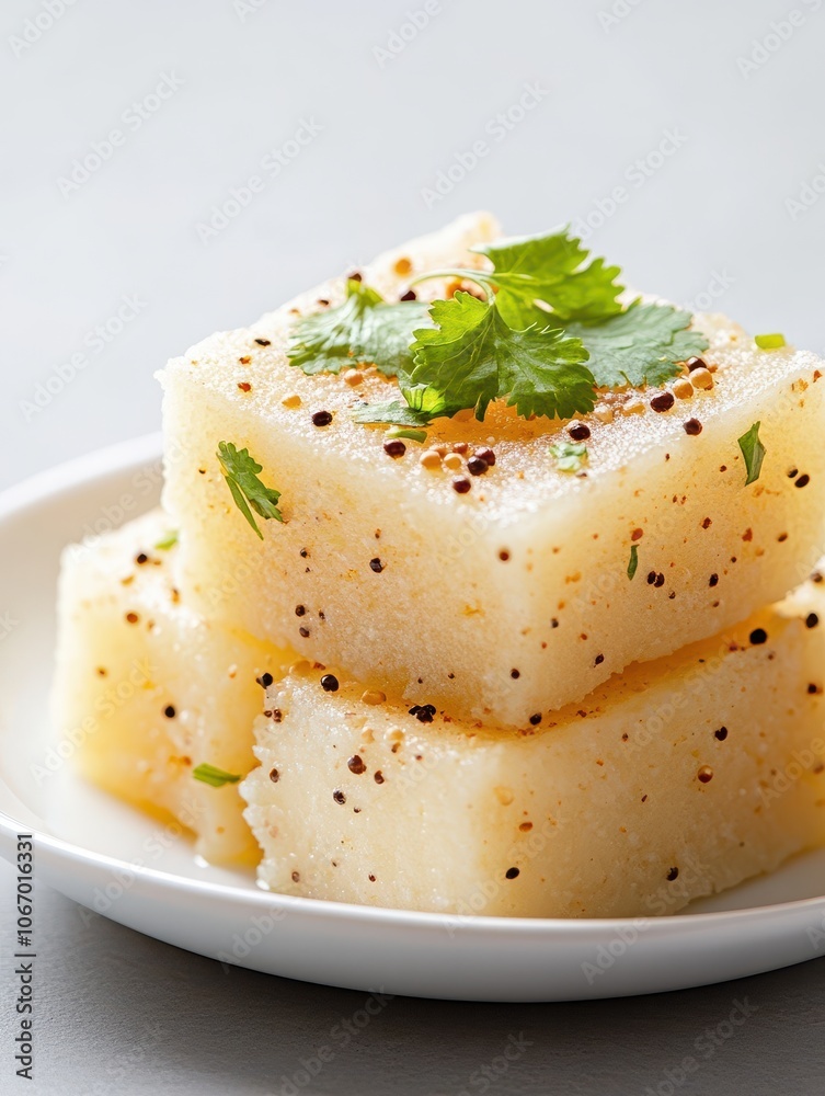 Fresh Dhokla with Mustard Garnish on Plate Fresh Dhokla with Mustard Garnish on Plate