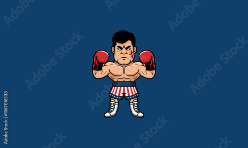 Determined cartoon boxer in American flag shorts, ready